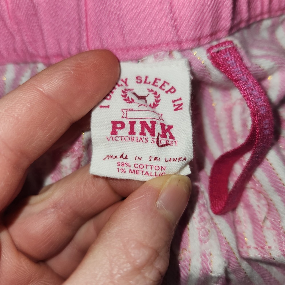 Y2k Vtg Victoria's Secret PINK Ski Bunnies Stripe Pajama Pants Pink Gold Women L - Picture 8 of 13